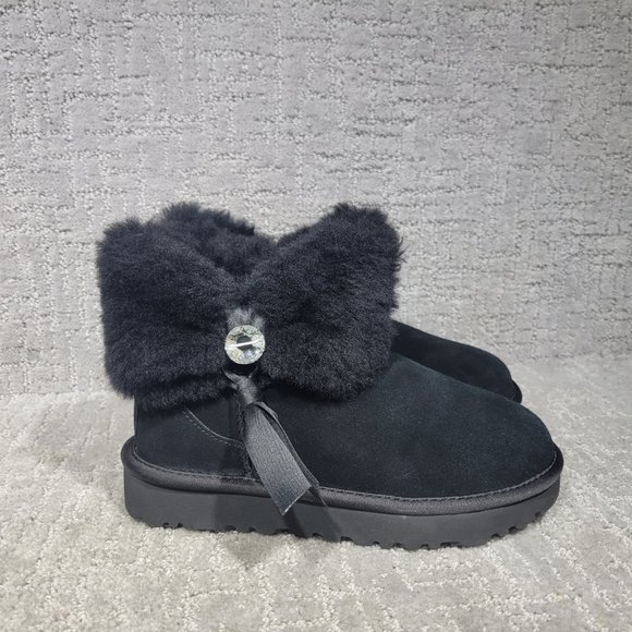 Ugg Bailey Bling Womens Size 5 Black Suede Ankle Fur Trim Snow Boots 1106909 NEW - Picture 4 of 10